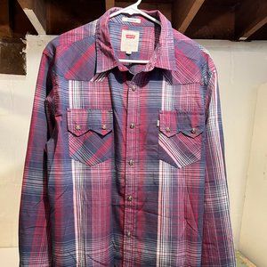 Levi's Men's Long Sleeve Pearl Snap Shirt Size L, Red White Blue Plaid
